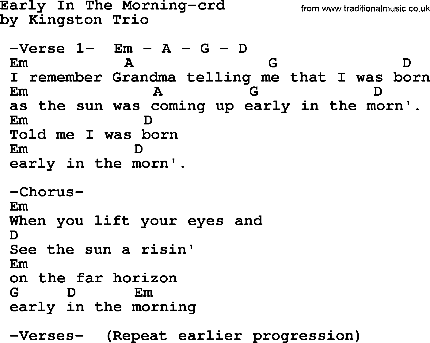 Kingston Trio song Early In The Morning, lyrics and chords