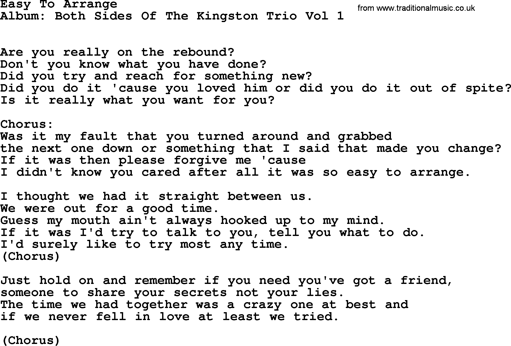 Kingston Trio song Easy To Arrange, lyrics
