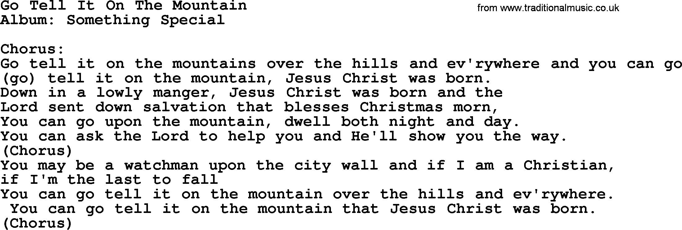 Mountain: Lyrics To Go Tell It On The Mountain