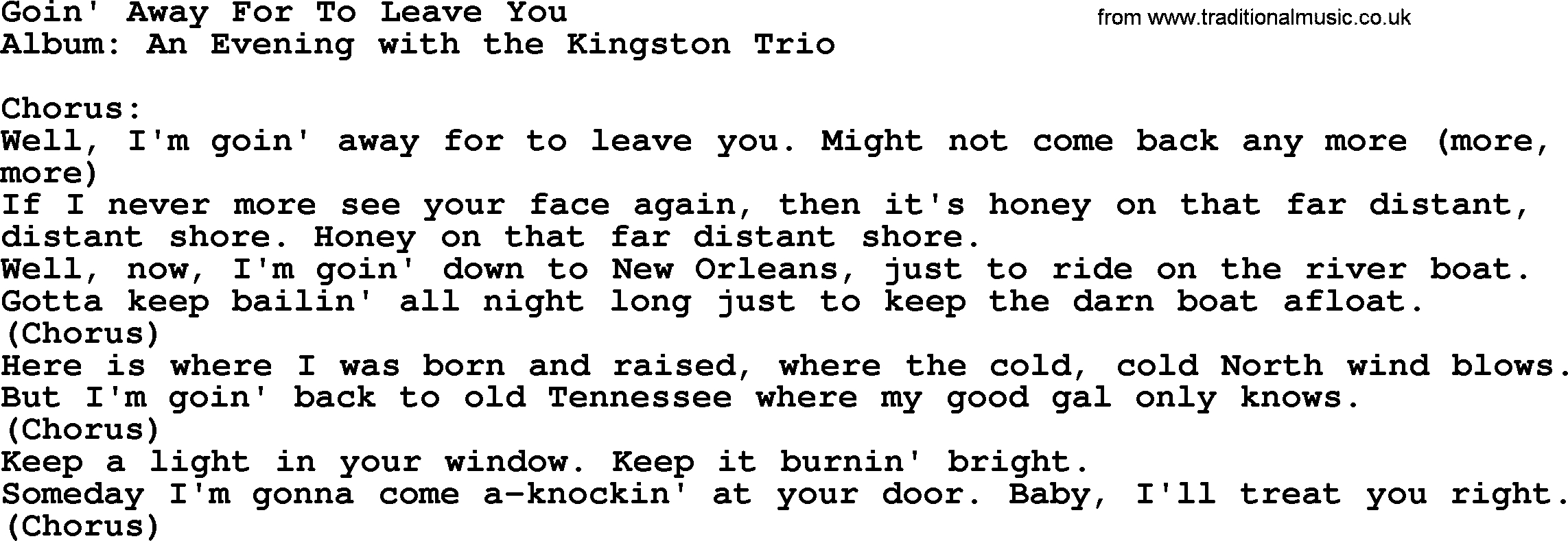 Kingston Trio song Goin' Away For To Leave You, lyrics