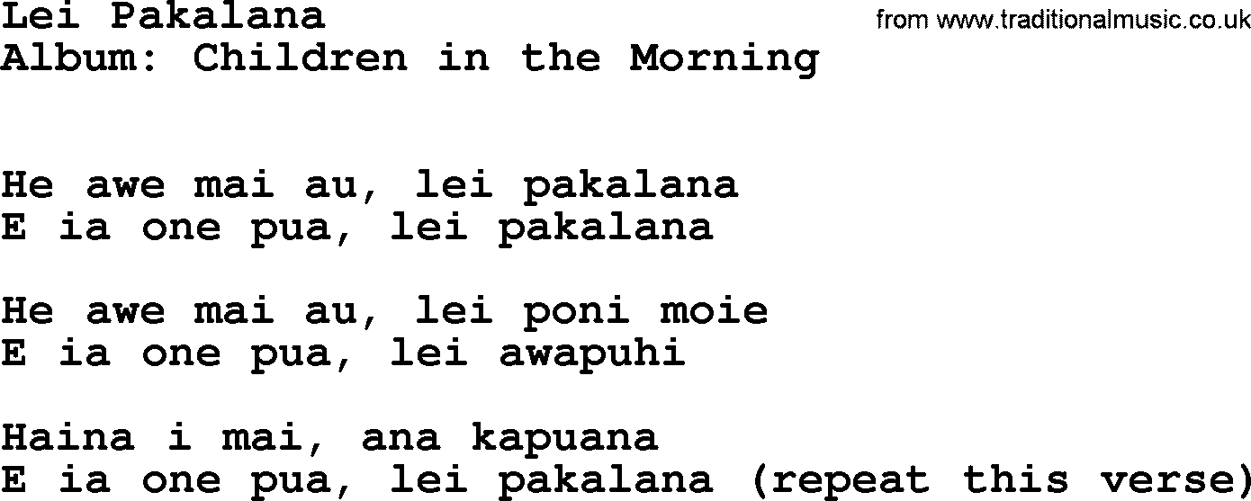 Kingston Trio song Lei Pakalana, lyrics
