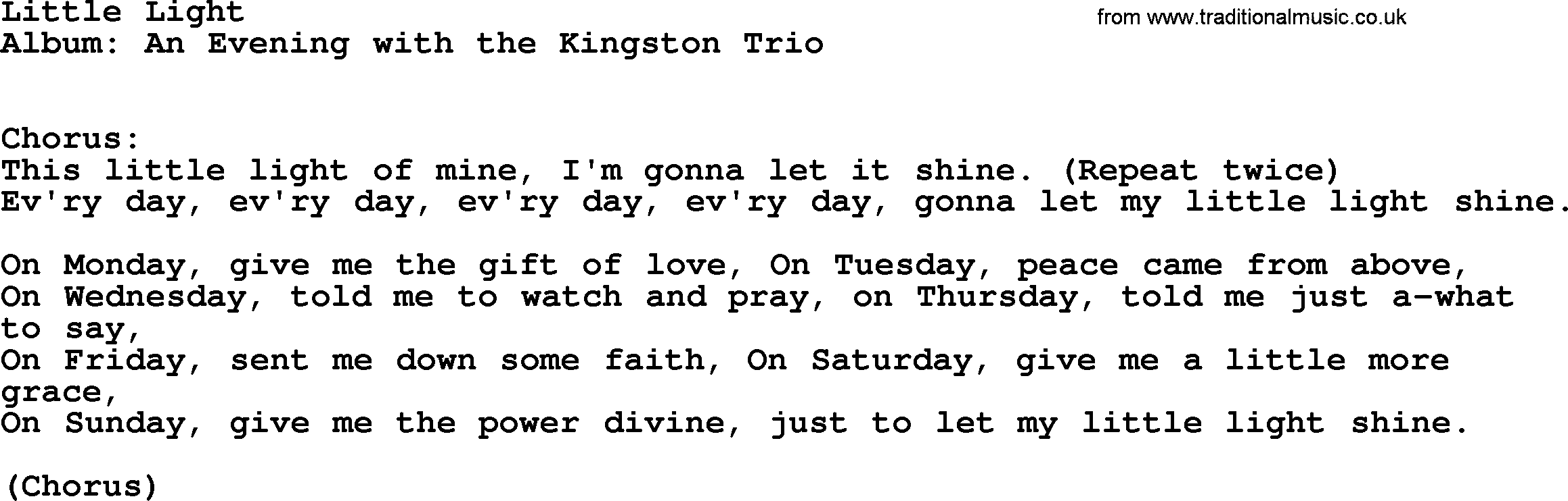Kingston Trio song Little Light, lyrics