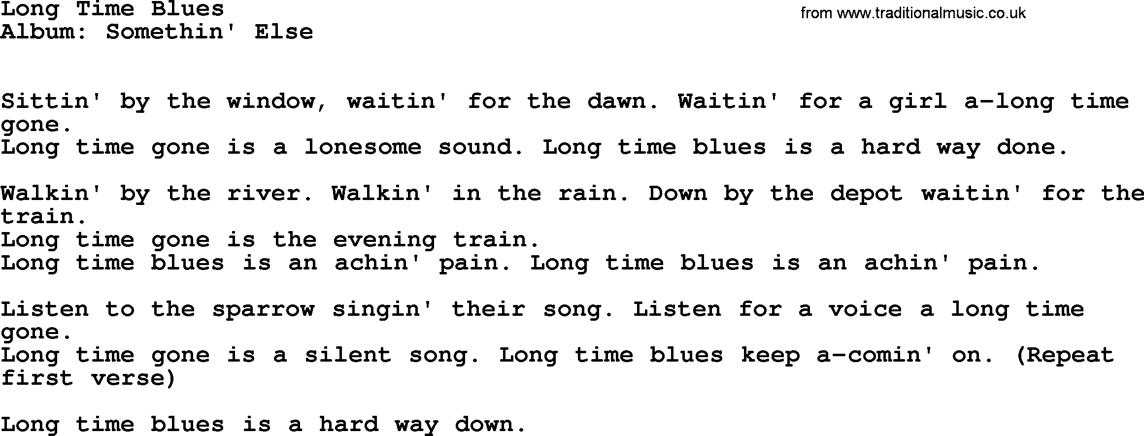 Kingston Trio song Long Time Blues, lyrics