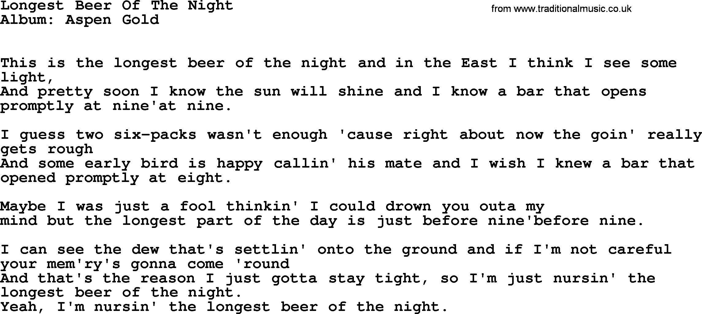 Kingston Trio song Longest Beer Of The Night, lyrics