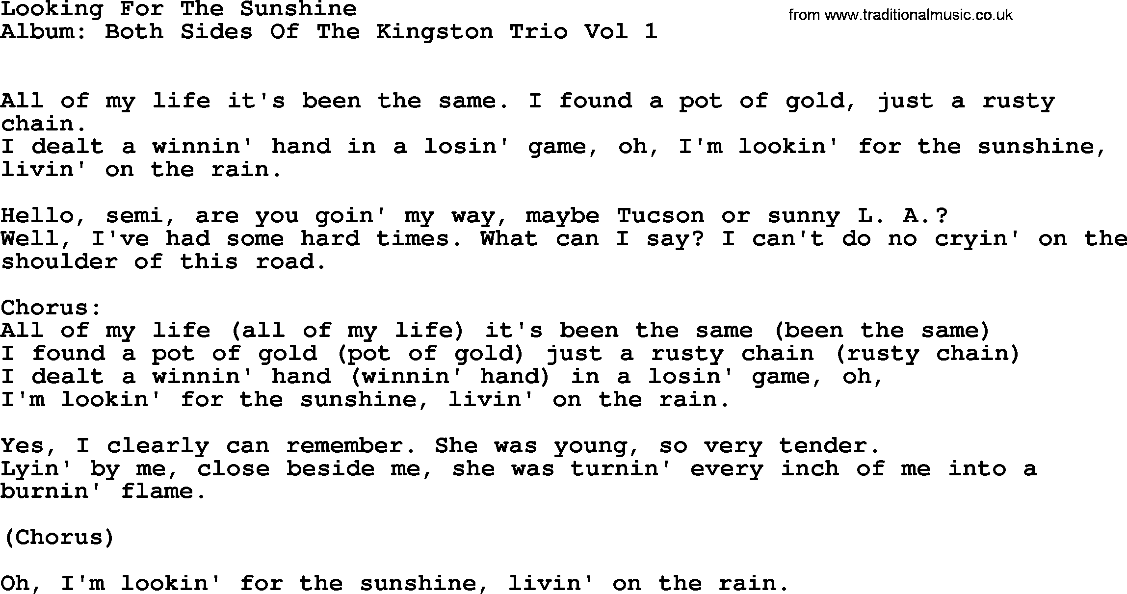 Kingston Trio song Looking For The Sunshine, lyrics