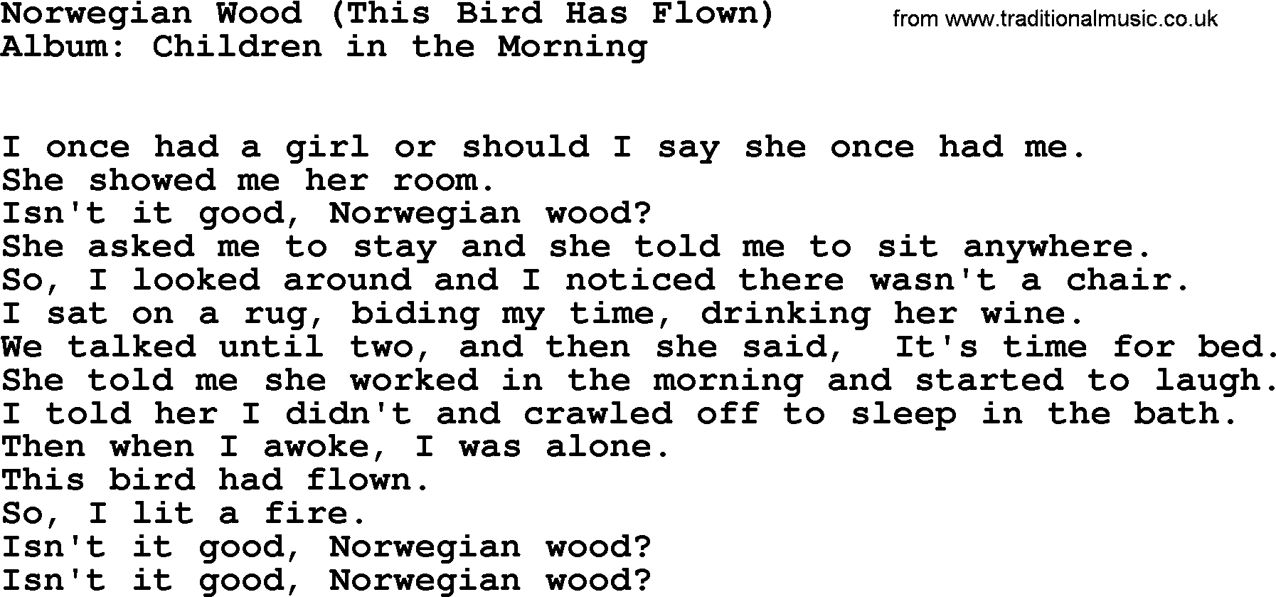 Kingston Trio song Norwegian Wood (this Bird Has Flown), lyrics