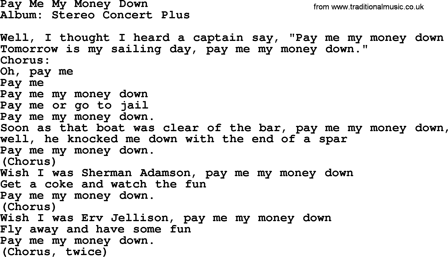 Kingston Trio song Pay Me My Money Down, lyrics