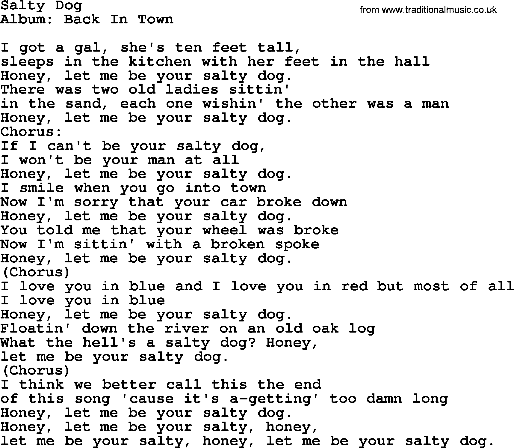 Kingston Trio song Salty Dog, lyrics
