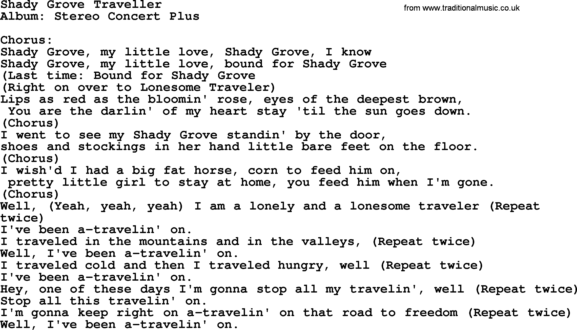 Kingston Trio song Shady Grove Traveller, lyrics