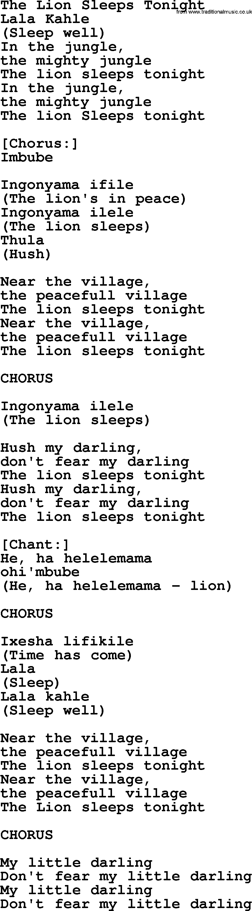 Kingston Trio song The Lion Sleeps Tonight, lyrics