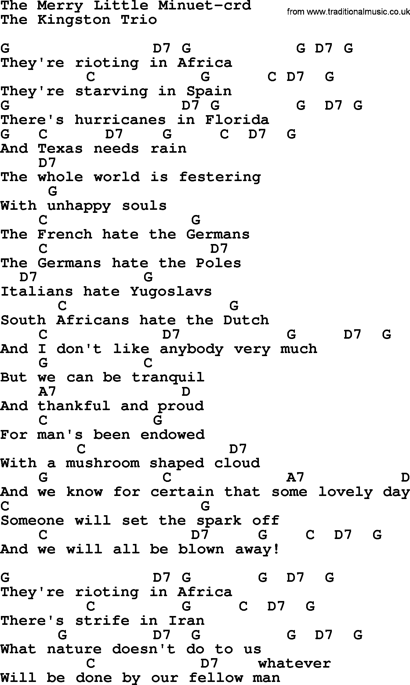 Kingston Trio song The Merry Little Minuet, lyrics and chords