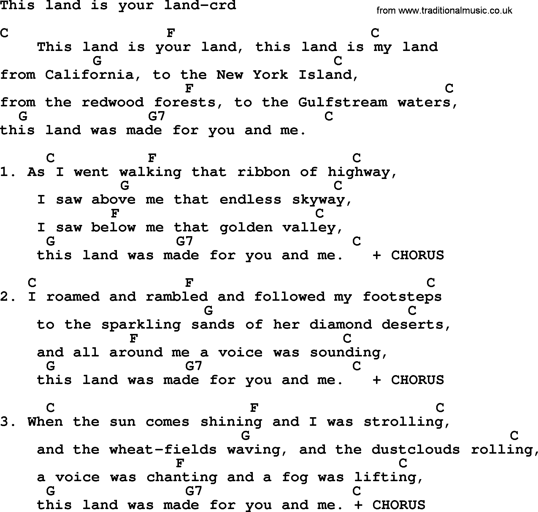 Kingston Trio song This Land Is Your Land, lyrics and chords