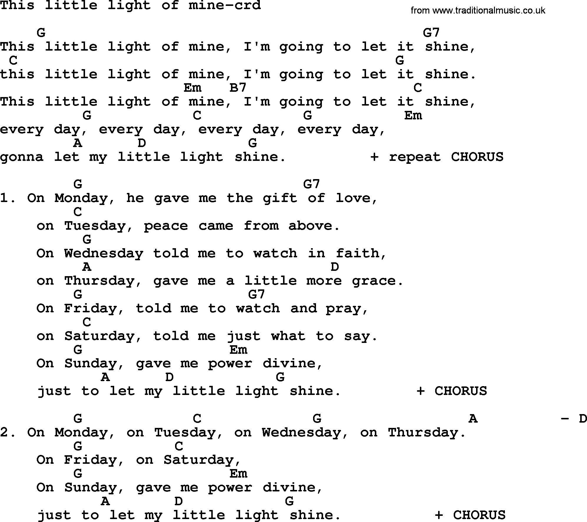 Kingston Trio song This Little Light Of Mine, lyrics and chords