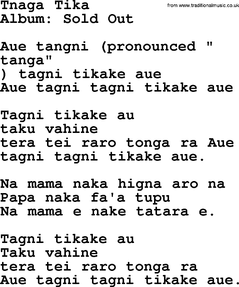 Kingston Trio song Tnaga Tika, lyrics