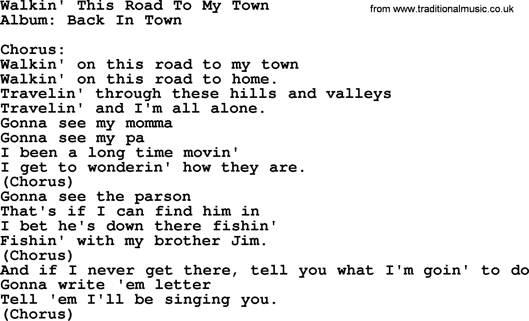 Kingston Trio song Walkin' This Road To My Town, lyrics