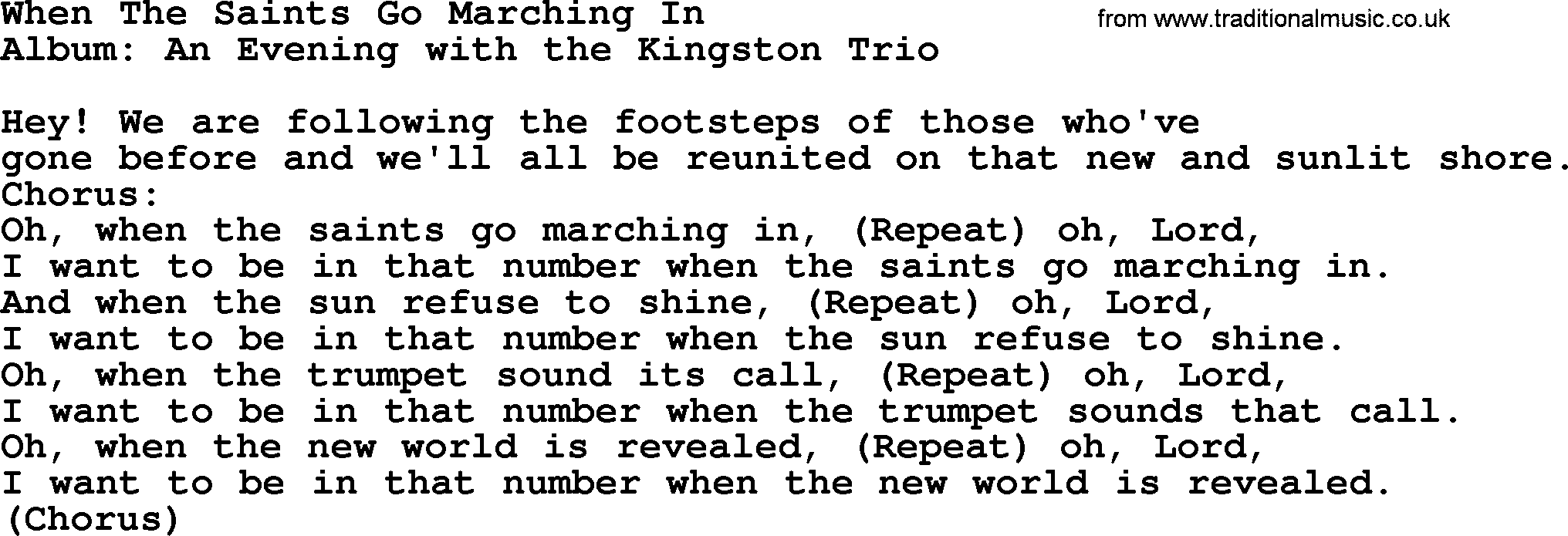 Kingston Trio song When The Saints Go Marching In, lyrics