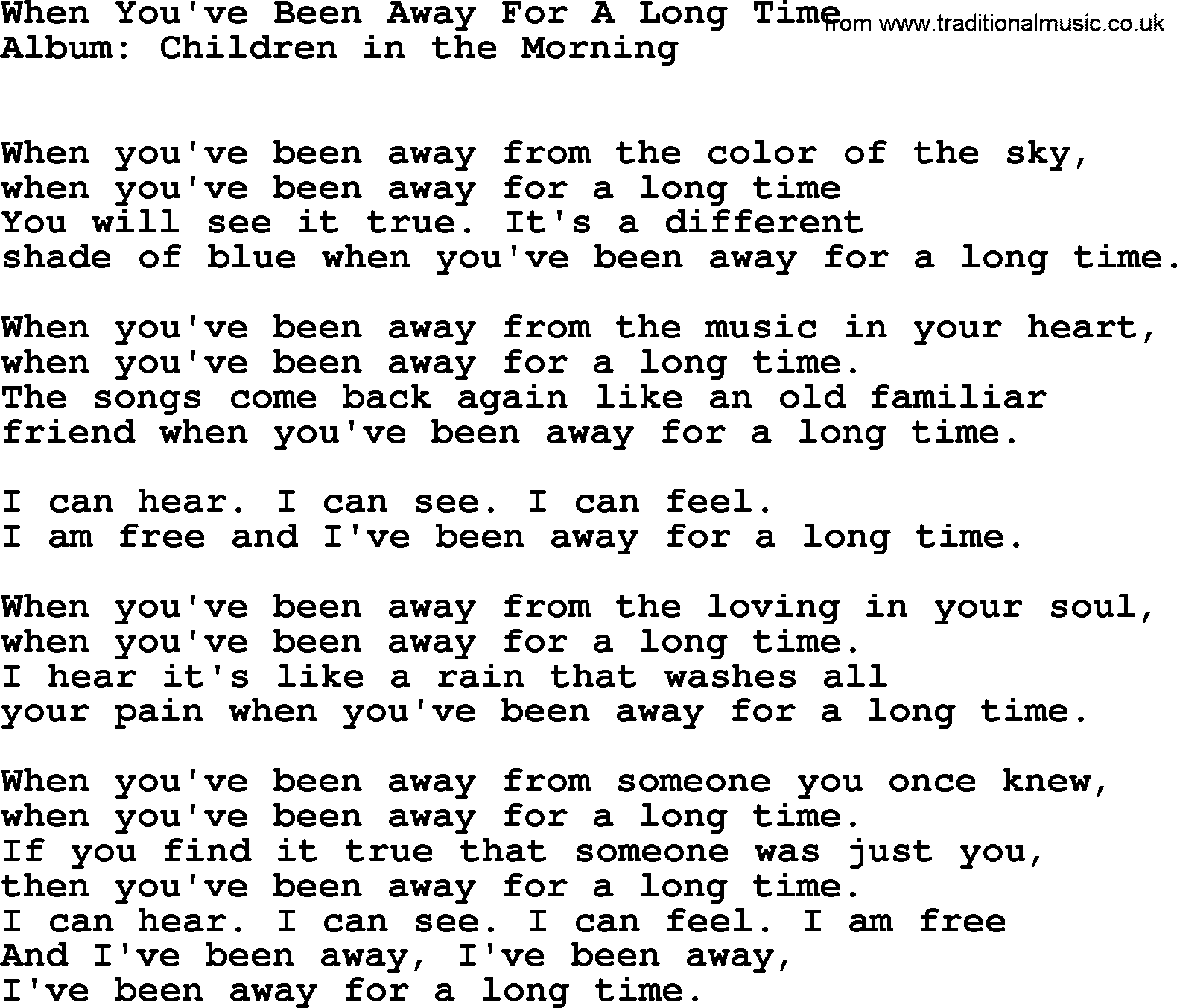 Kingston Trio song When You've Been Away For A Long Time, lyrics