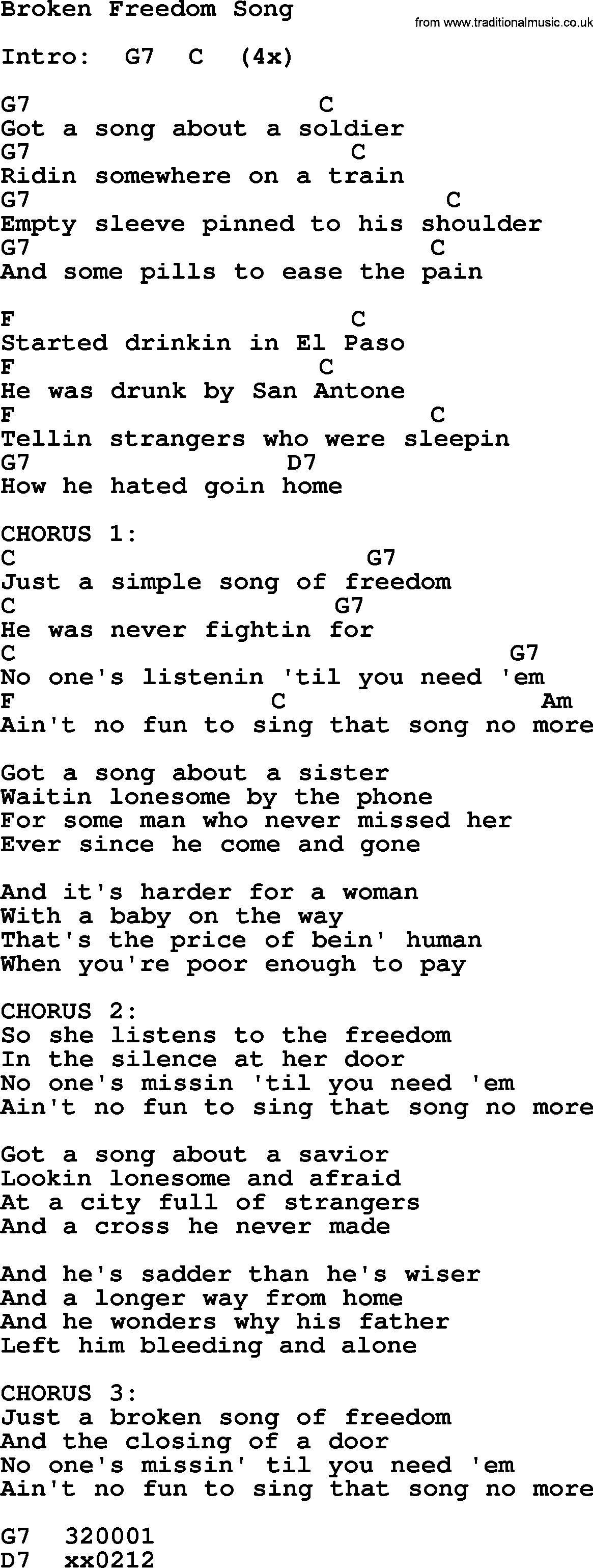 Kris Kristofferson song: Broken Freedom Song lyrics and chords