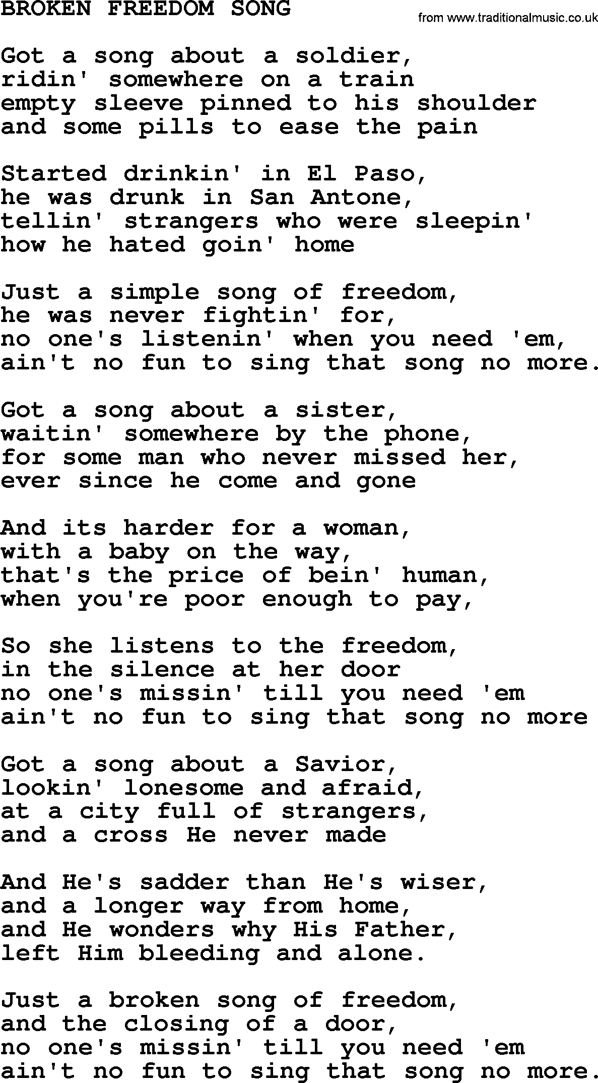 Kris Kristofferson song: Broken Freedom Song lyrics