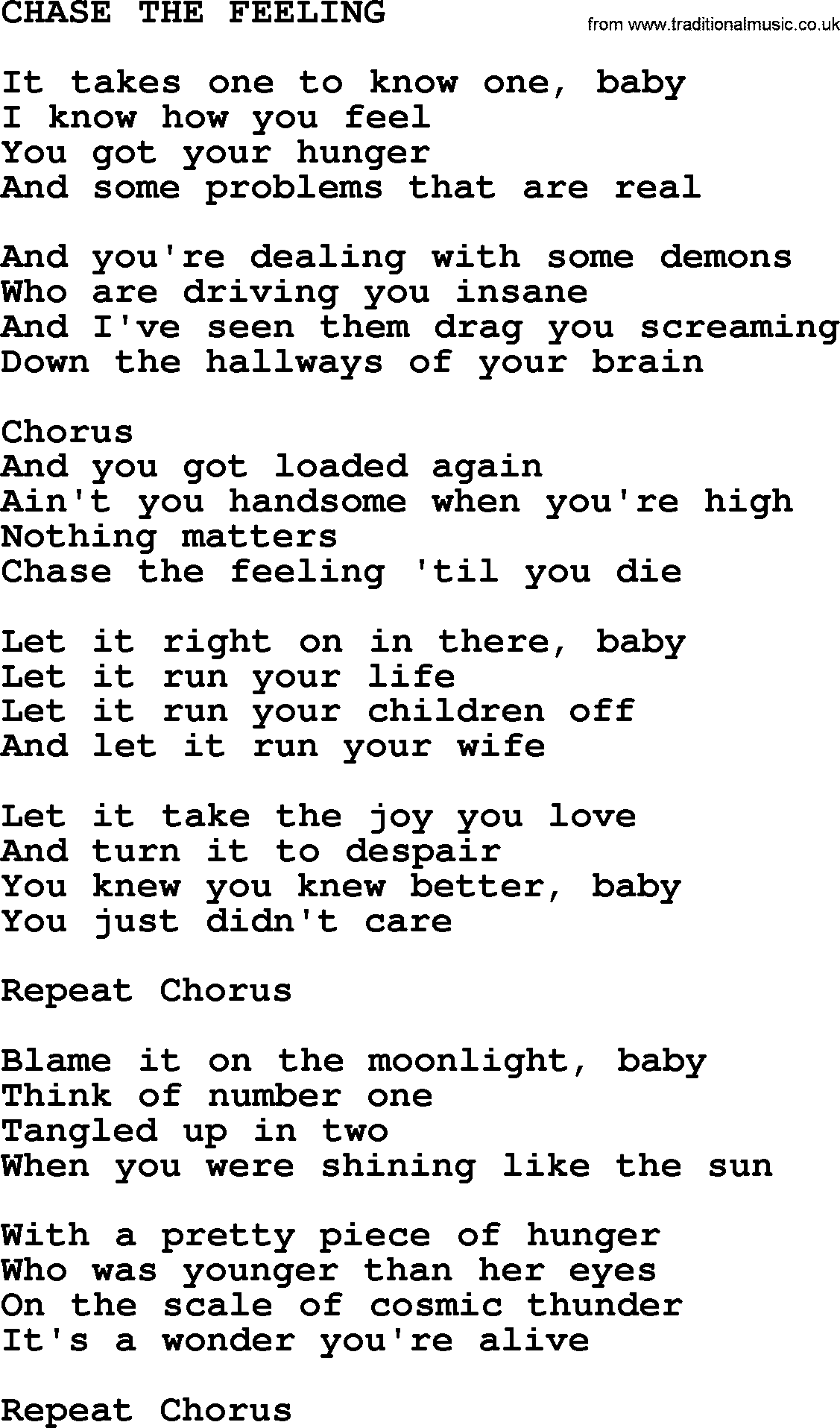 Kris Kristofferson song: Chase The Feeling lyrics