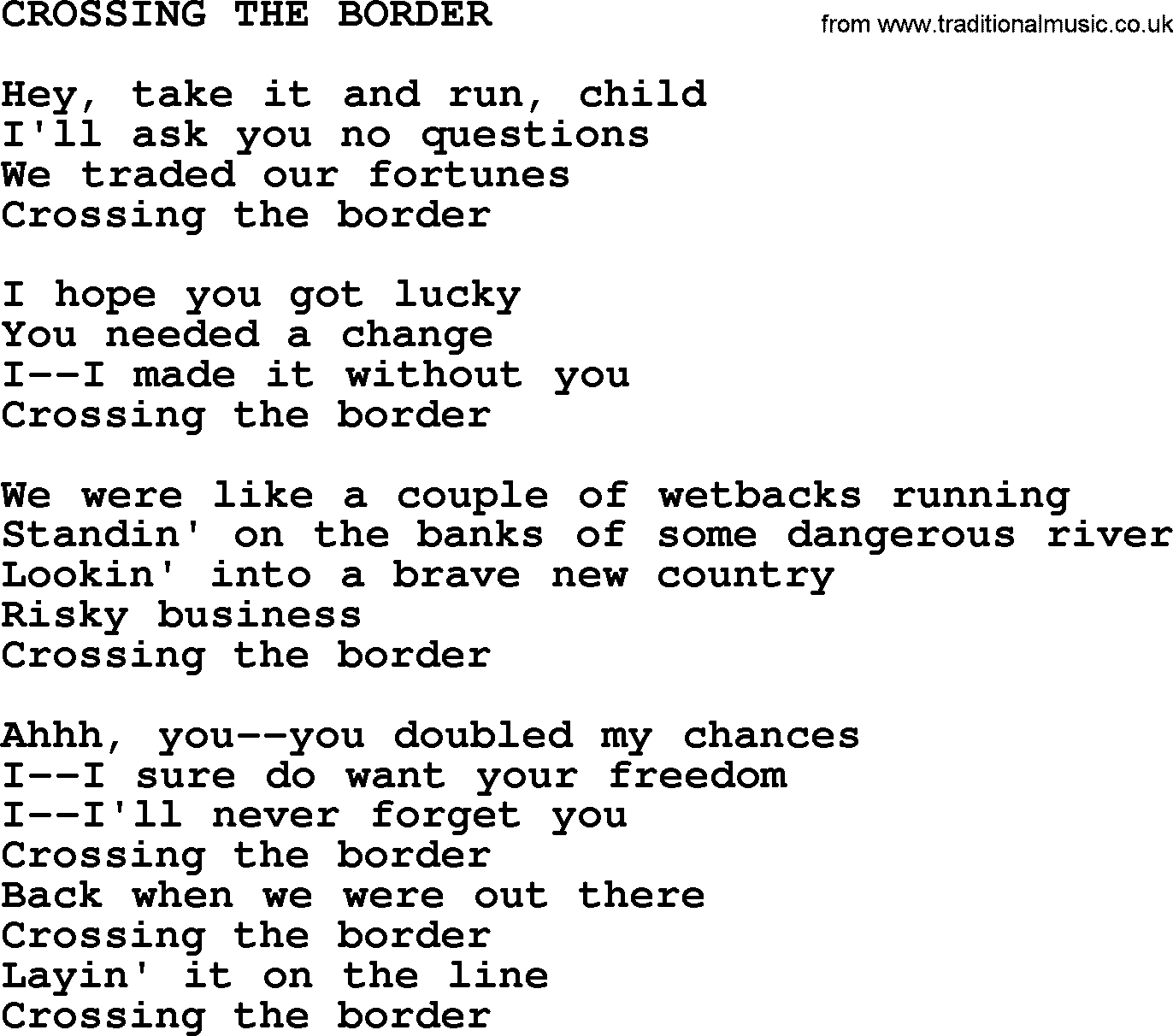 Kris Kristofferson song: Crossing The Border lyrics