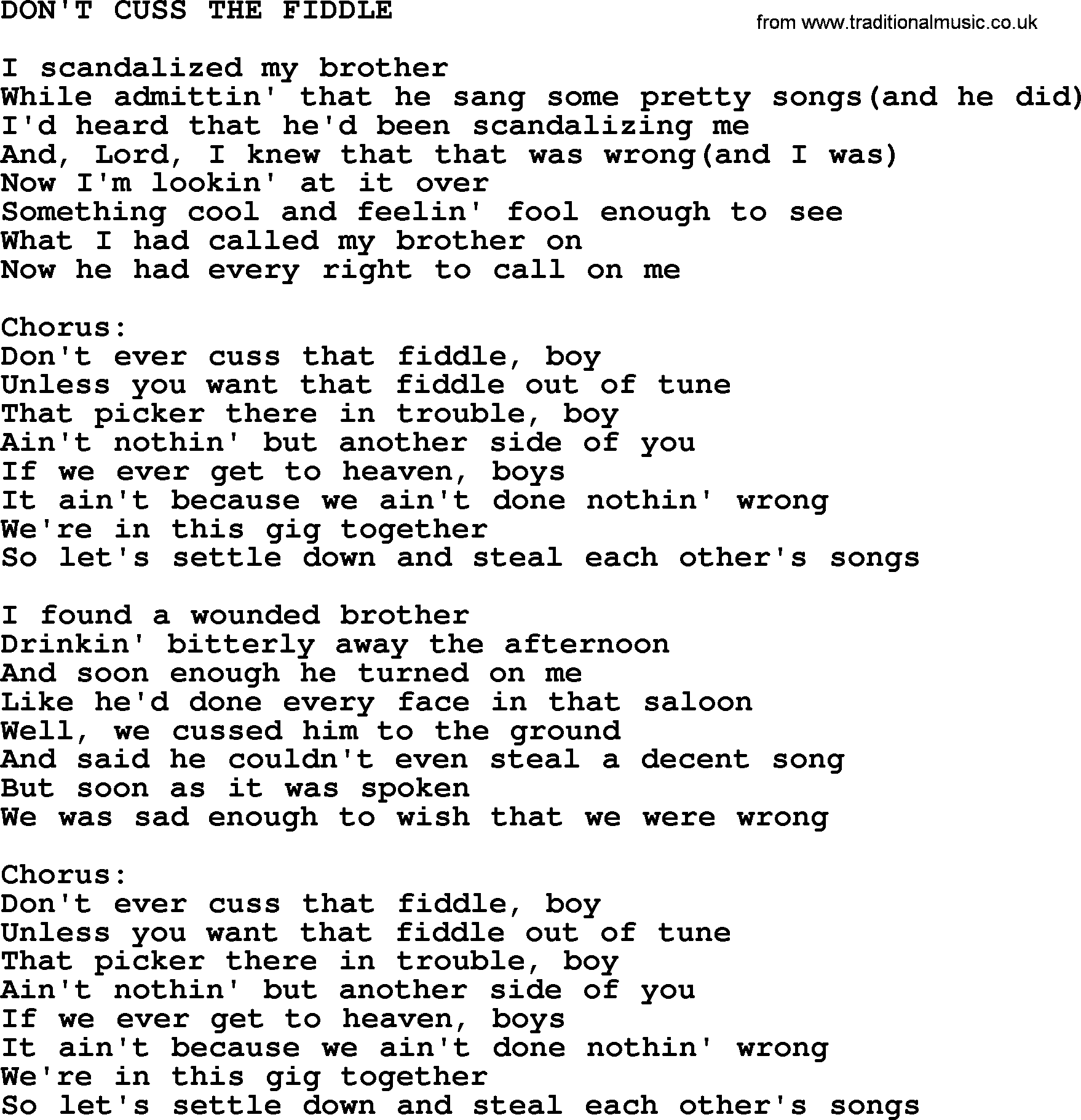 Kris Kristofferson song: Don't Cuss The Fiddle lyrics
