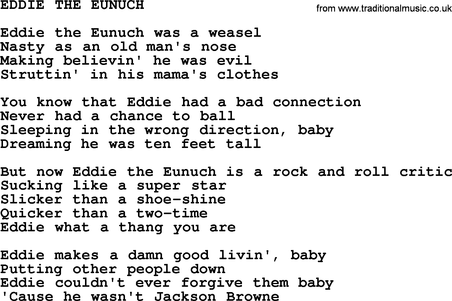 Kris Kristofferson song: Eddie The Eunuch lyrics