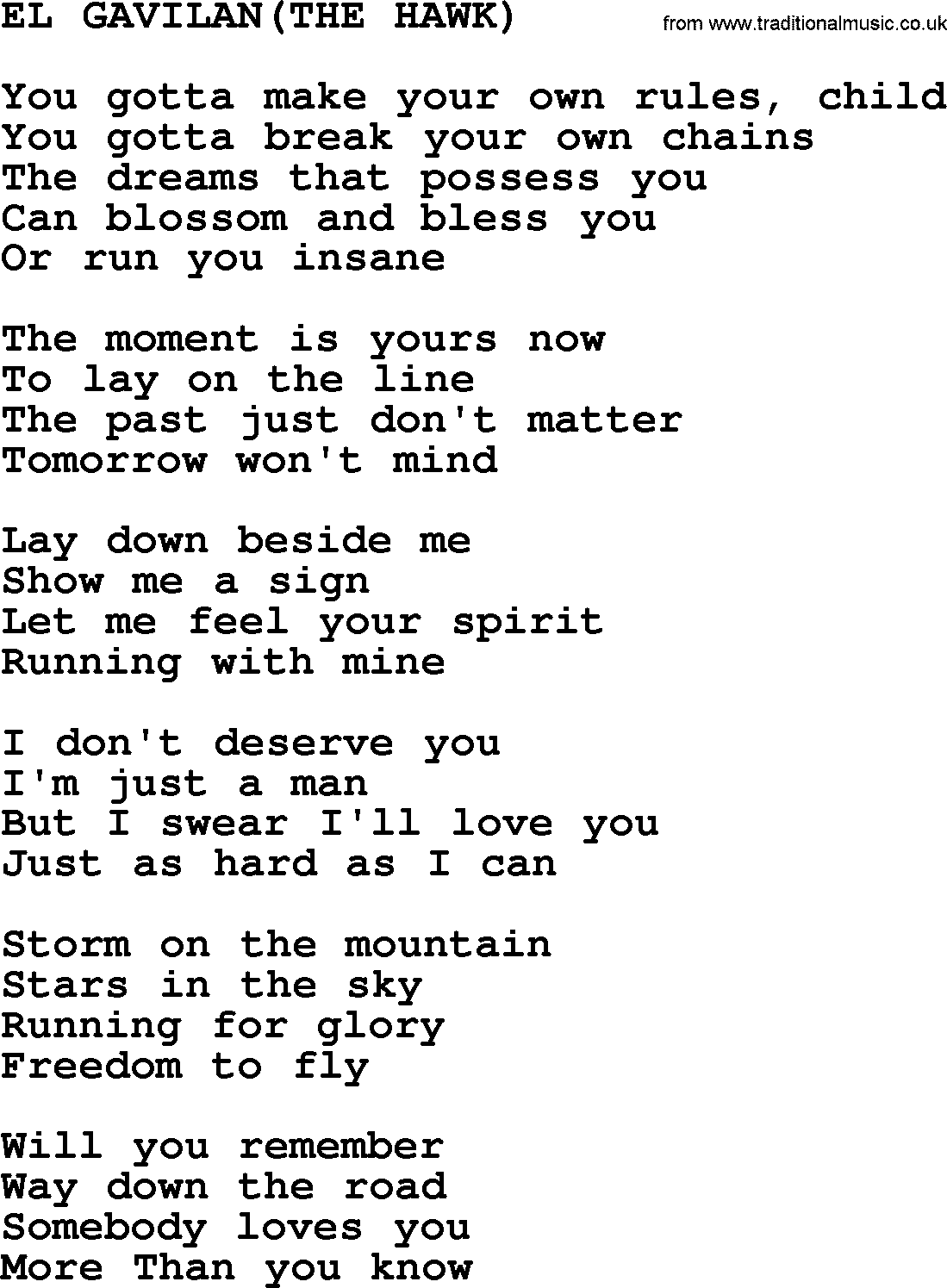 Kris Kristofferson song: El Gavilan(the Hawk) lyrics