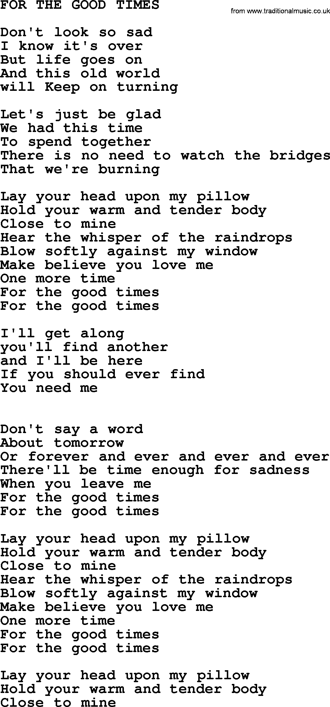 Kris Kristofferson song: For The Good Times lyrics