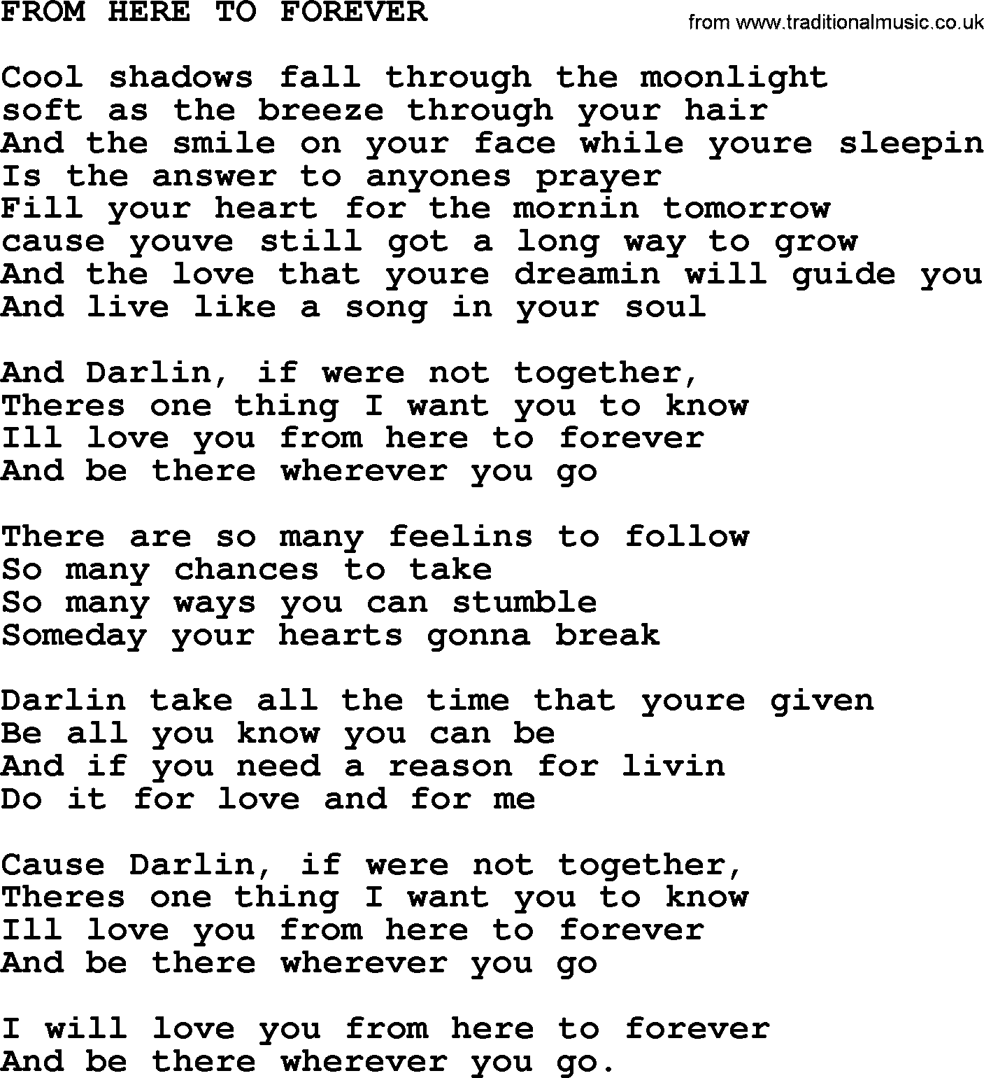 Kris Kristofferson song: From Here To Forever lyrics