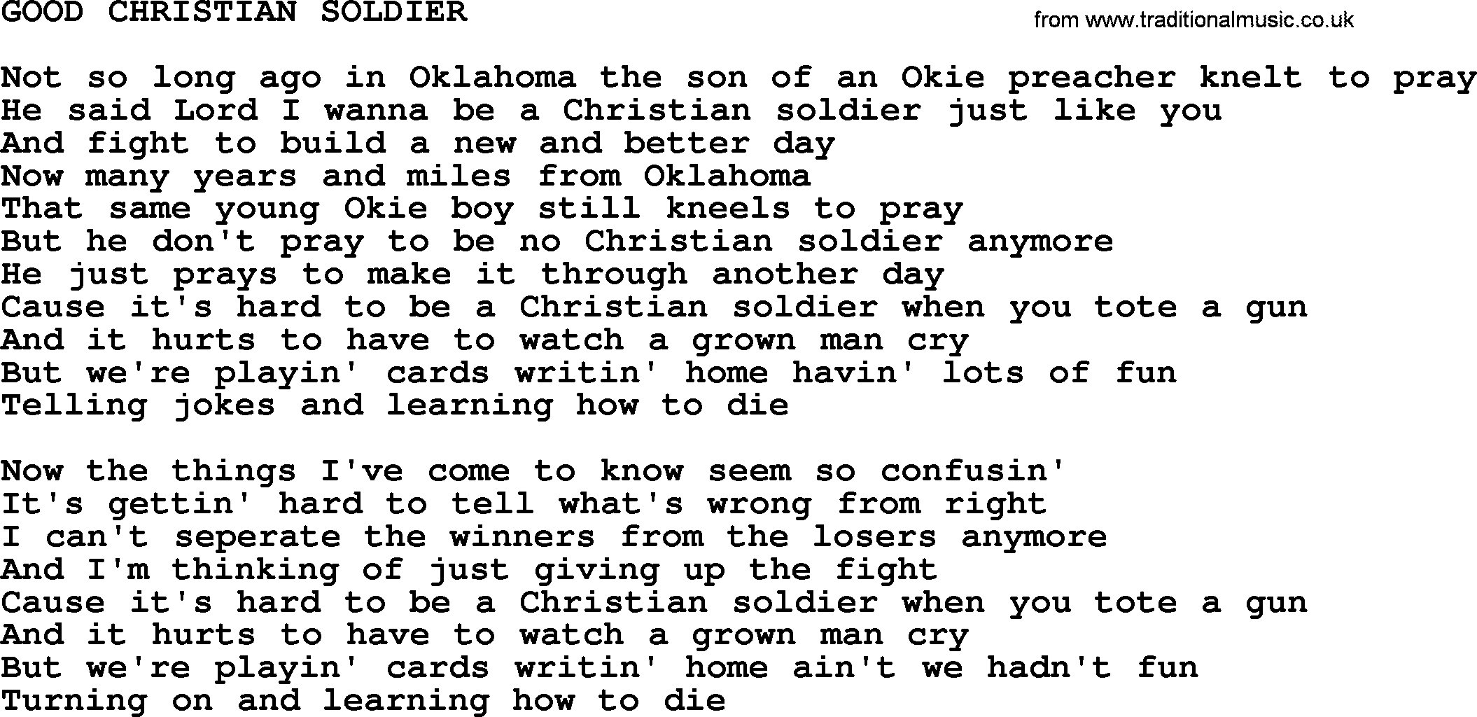 Kris Kristofferson song: Good Christian Soldier lyrics