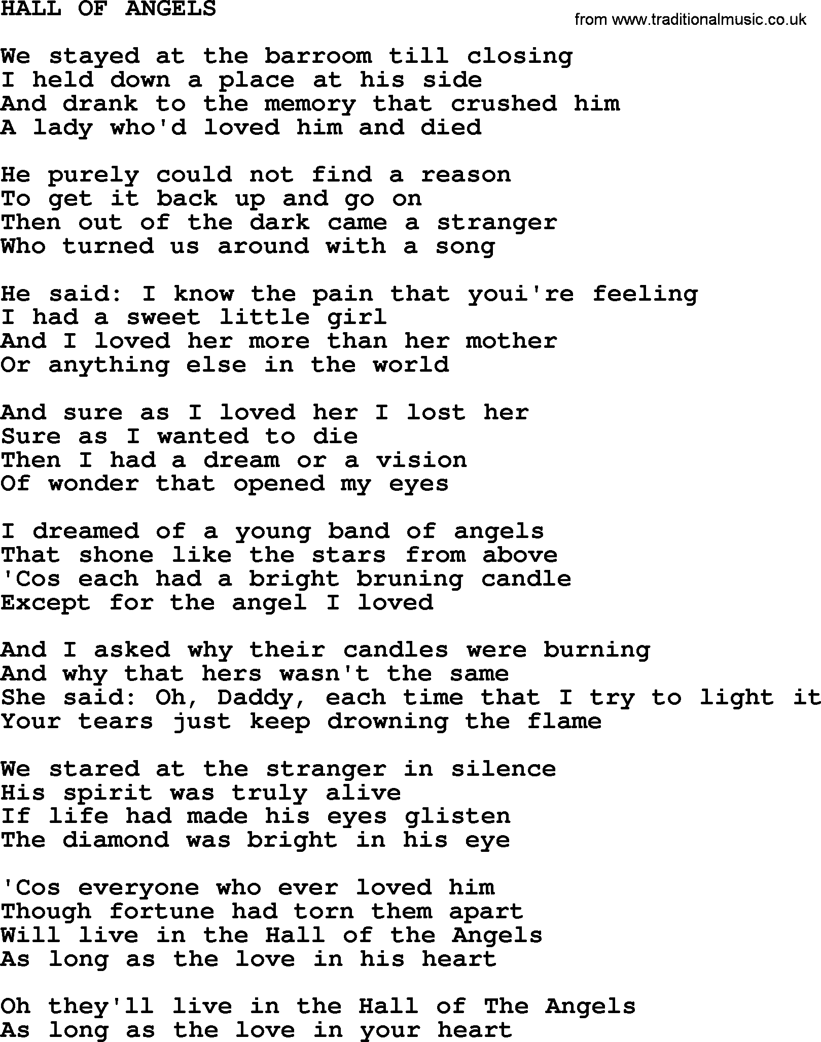 Kris Kristofferson song: Hall Of Angels lyrics