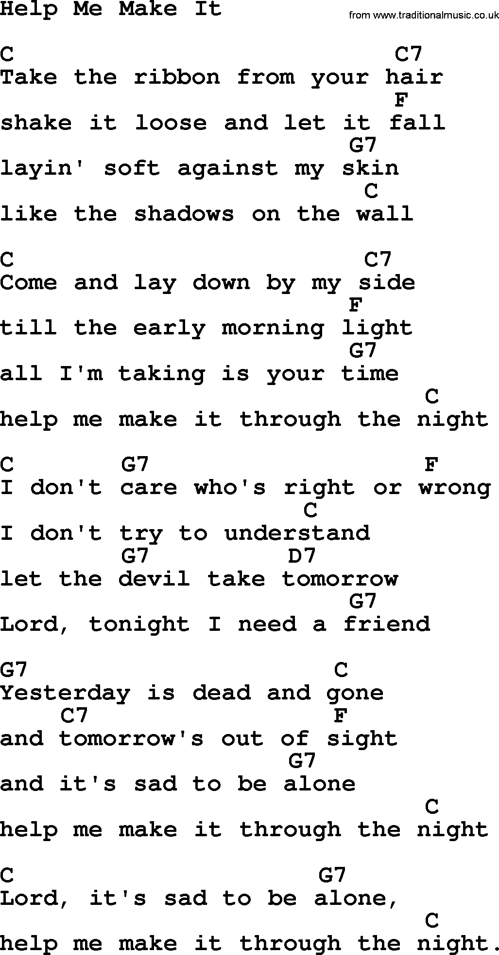 Kris Kristofferson song: Help Me Make It lyrics and chords