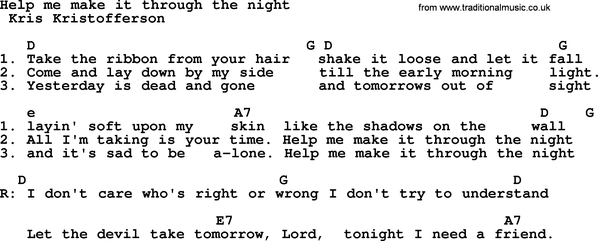 Kris Kristofferson song: Help Me Make It Through The Night lyrics and chords
