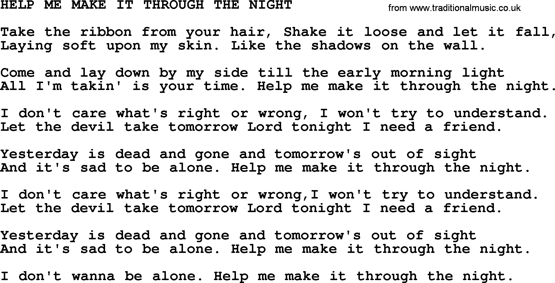 Kris Kristofferson song: Help Me Make It Through The Night lyrics