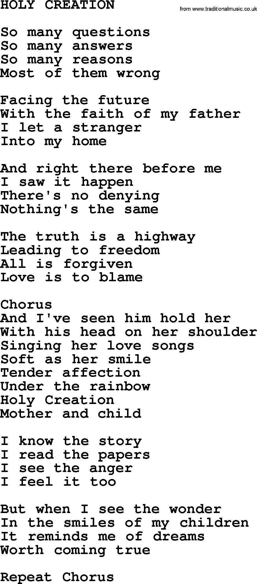 Kris Kristofferson song: Holy Creation lyrics