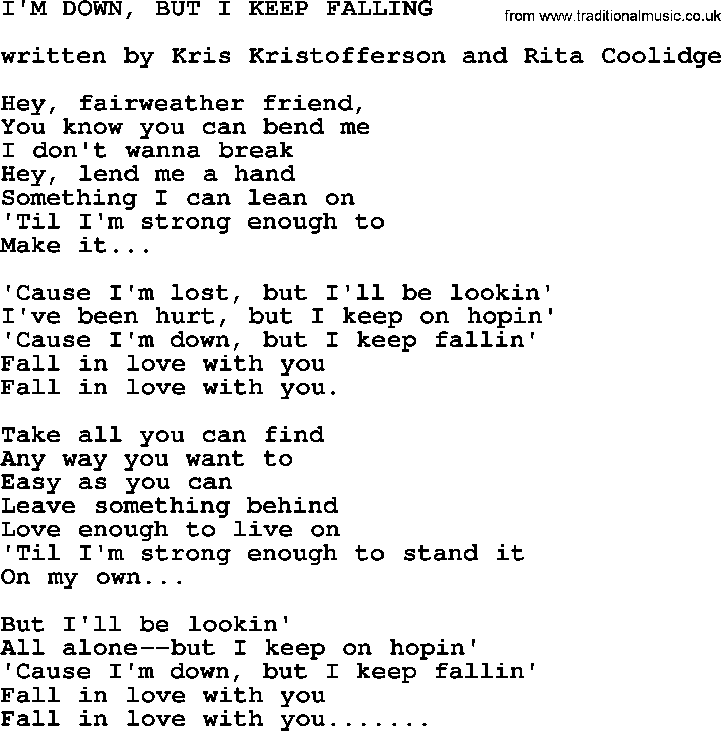 Kris Kristofferson song: I'm Down, But I Keep Falling lyrics