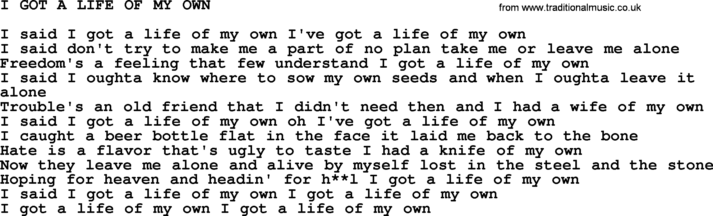 Kris Kristofferson song: I Got A Life Of My Own lyrics