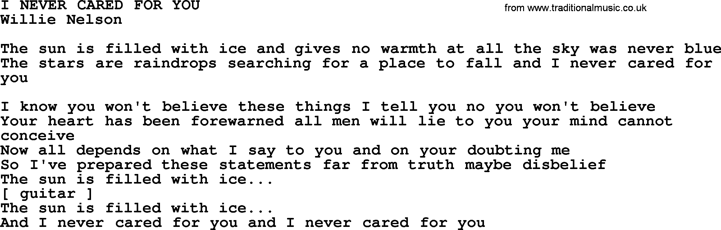 Kris Kristofferson song: I Never Cared For You lyrics