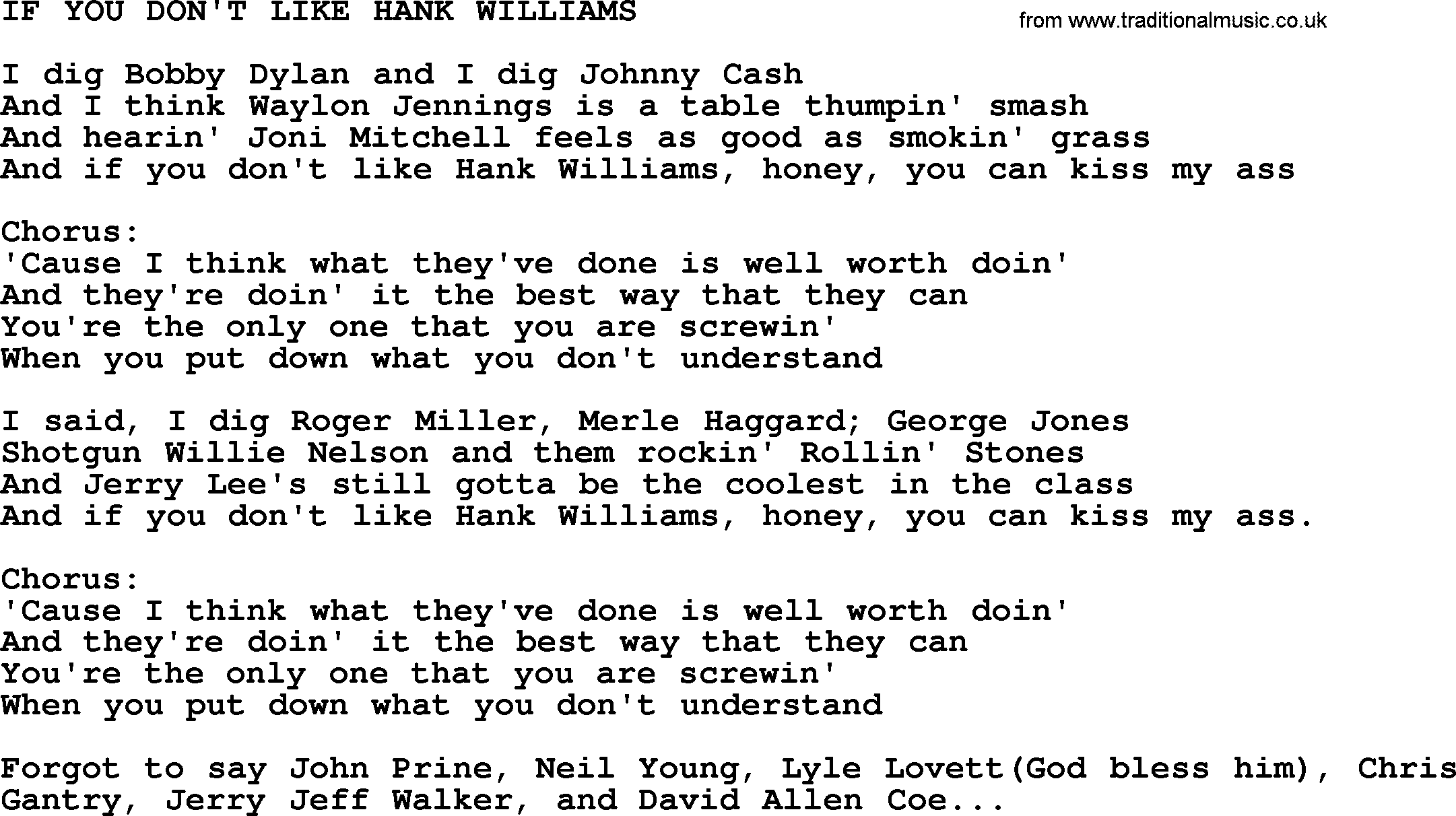 Kris Kristofferson song: If You Don't Like Hank Williams lyrics