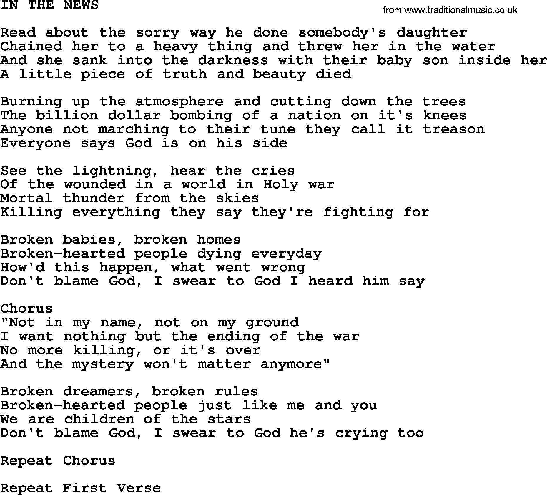 Kris Kristofferson song: In The News lyrics