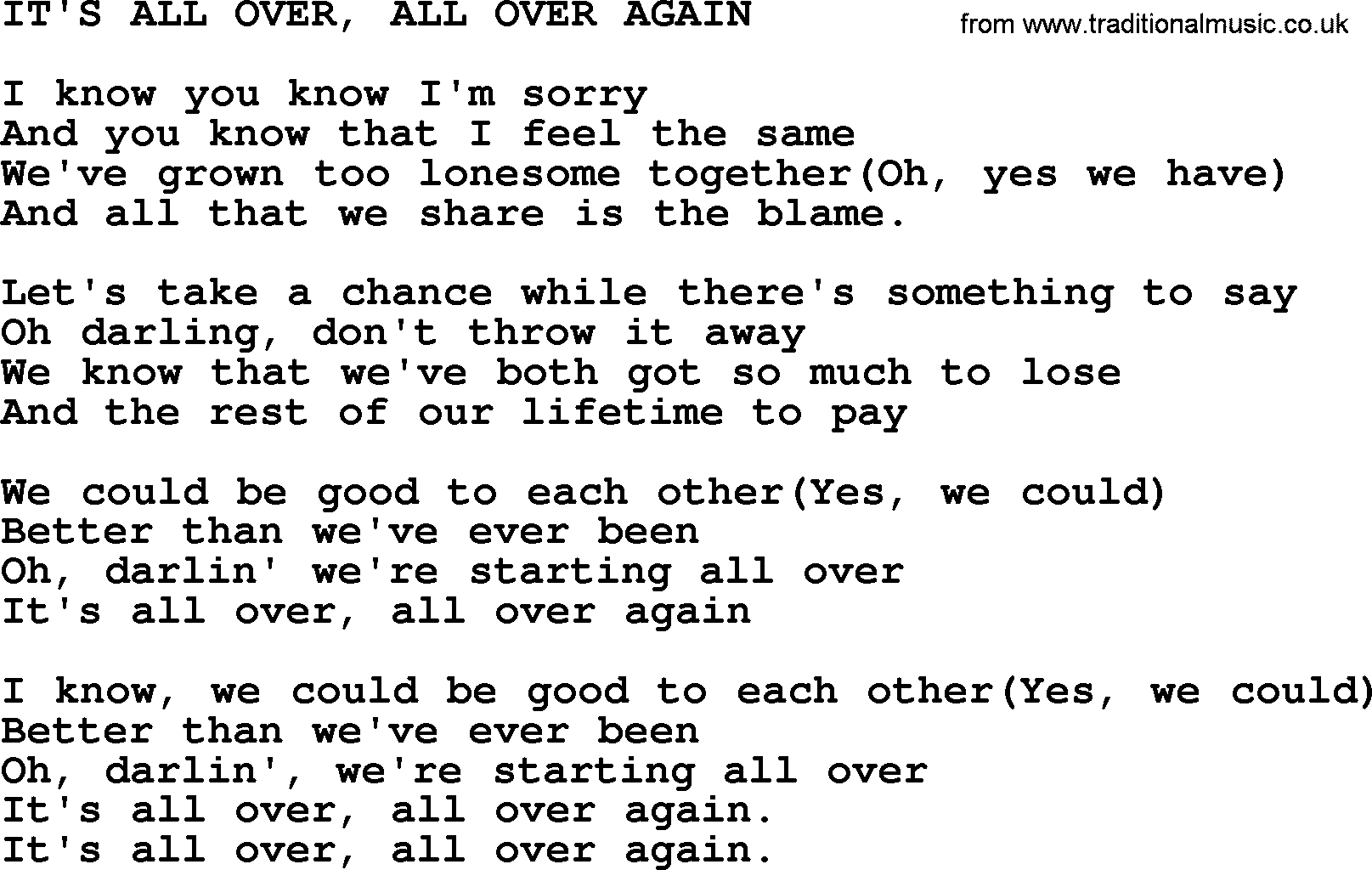 Kris Kristofferson song: It's All Over, All Over Again lyrics