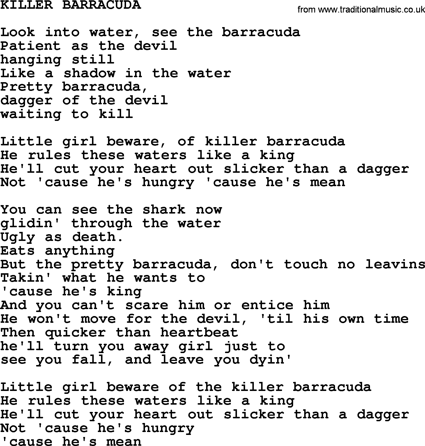 Kris Kristofferson song: Killer Barracuda lyrics