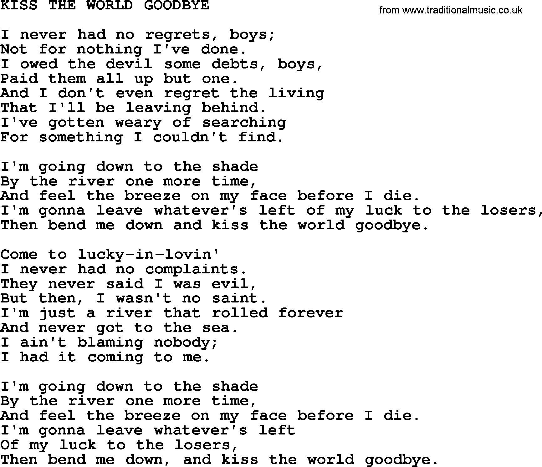 Kris Kristofferson song: Kiss The World Goodbye lyrics