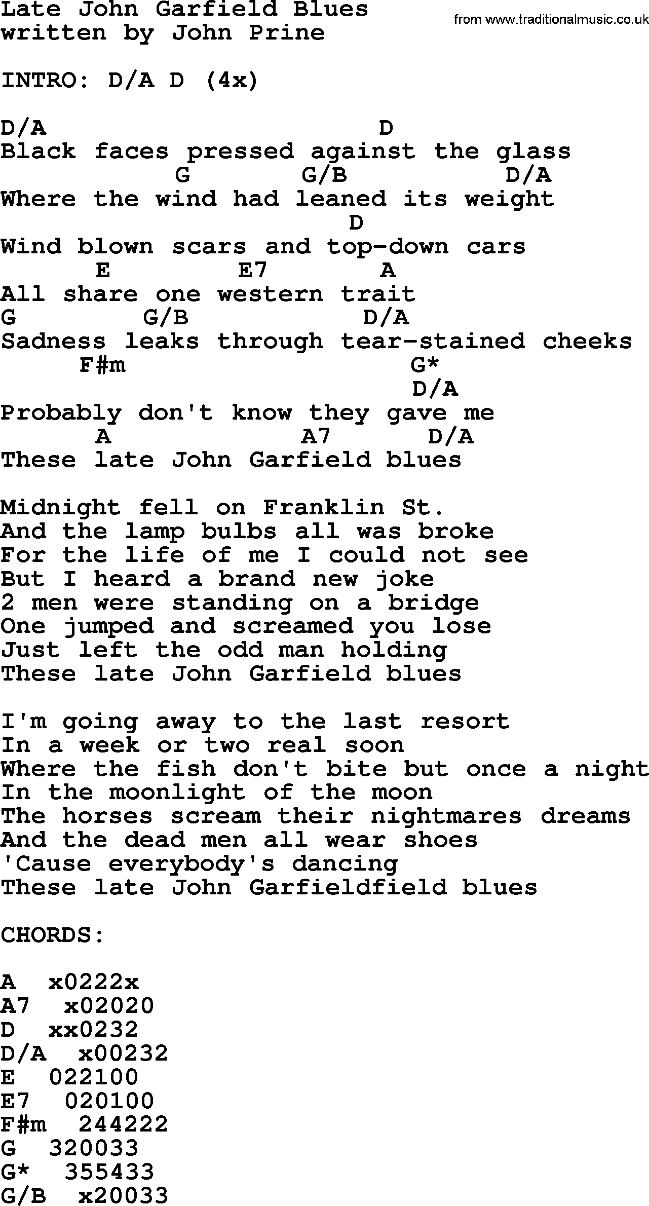 Kris Kristofferson song: Late John Garfield Blues lyrics and chords