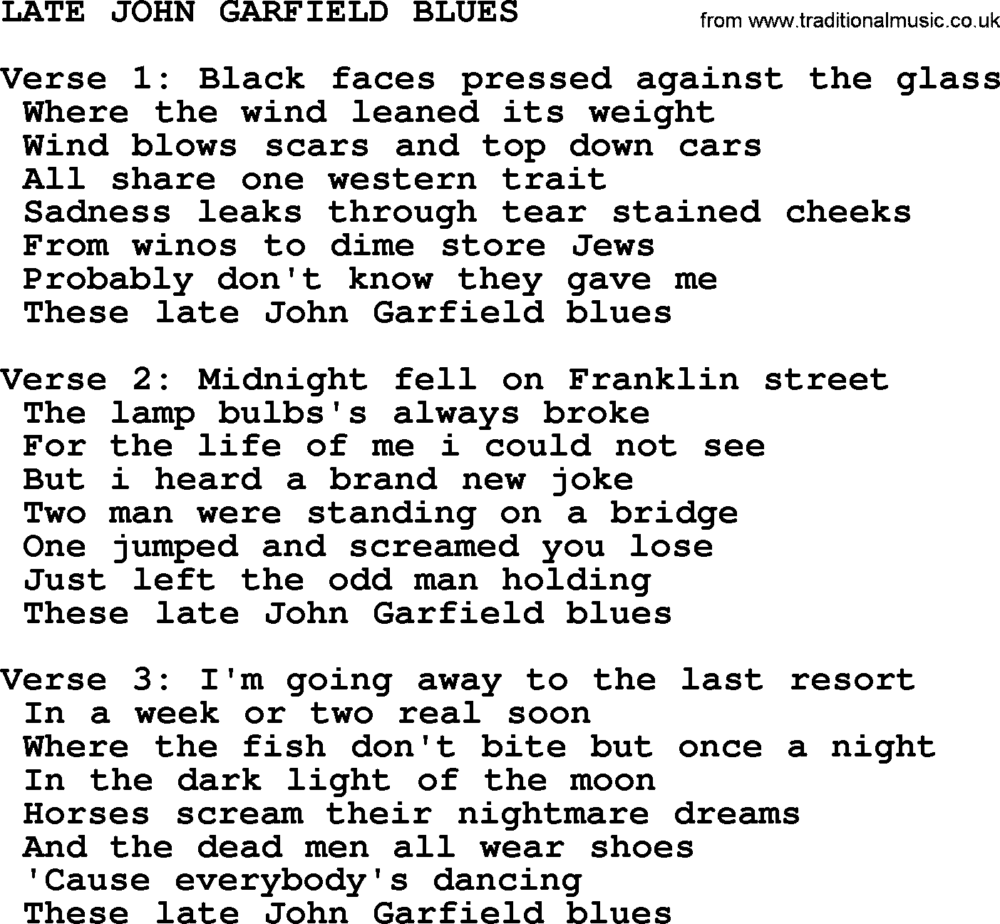 Kris Kristofferson song: Late John Garfield Blues lyrics