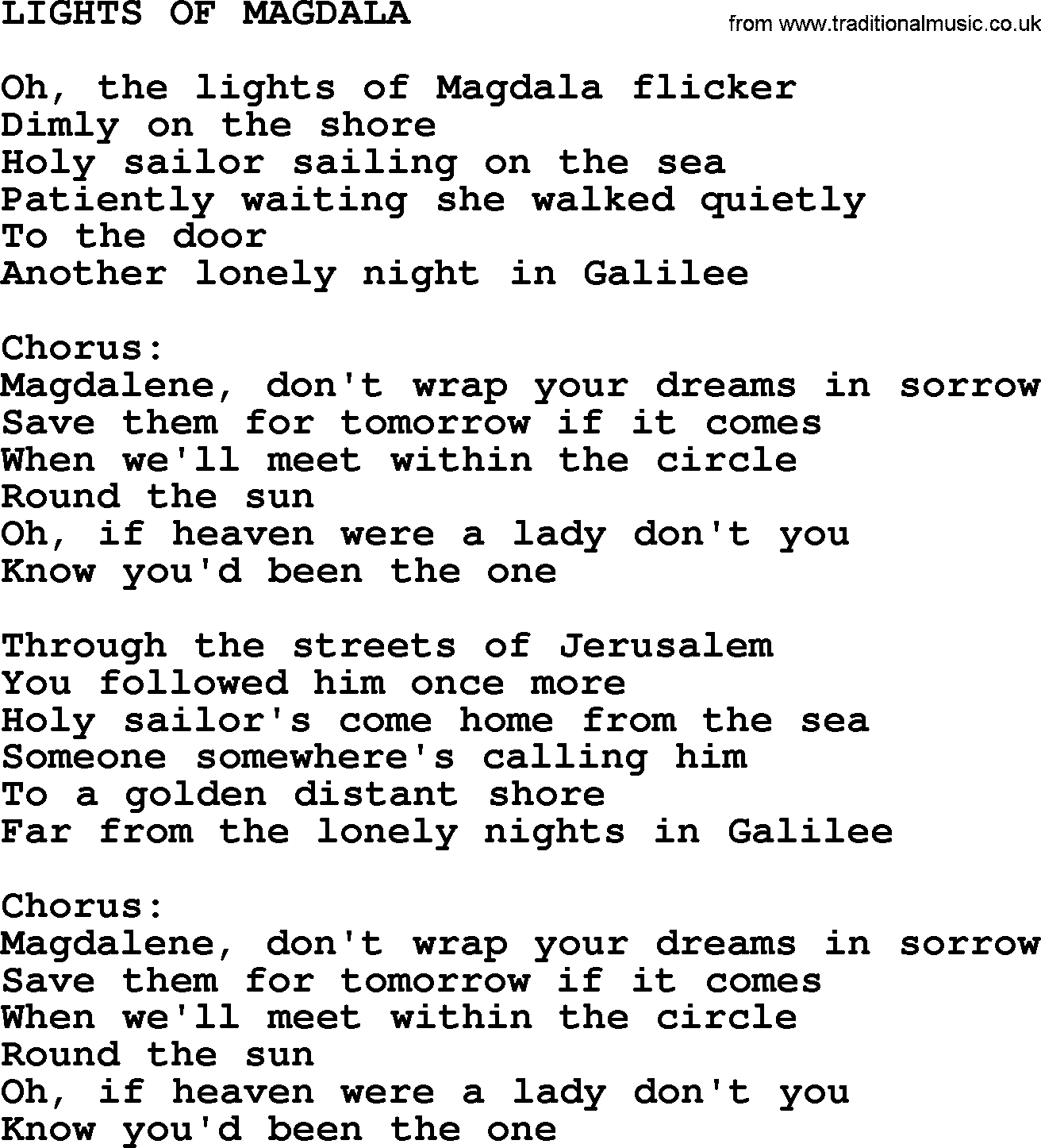 Kris Kristofferson song: Lights Of Magdala lyrics