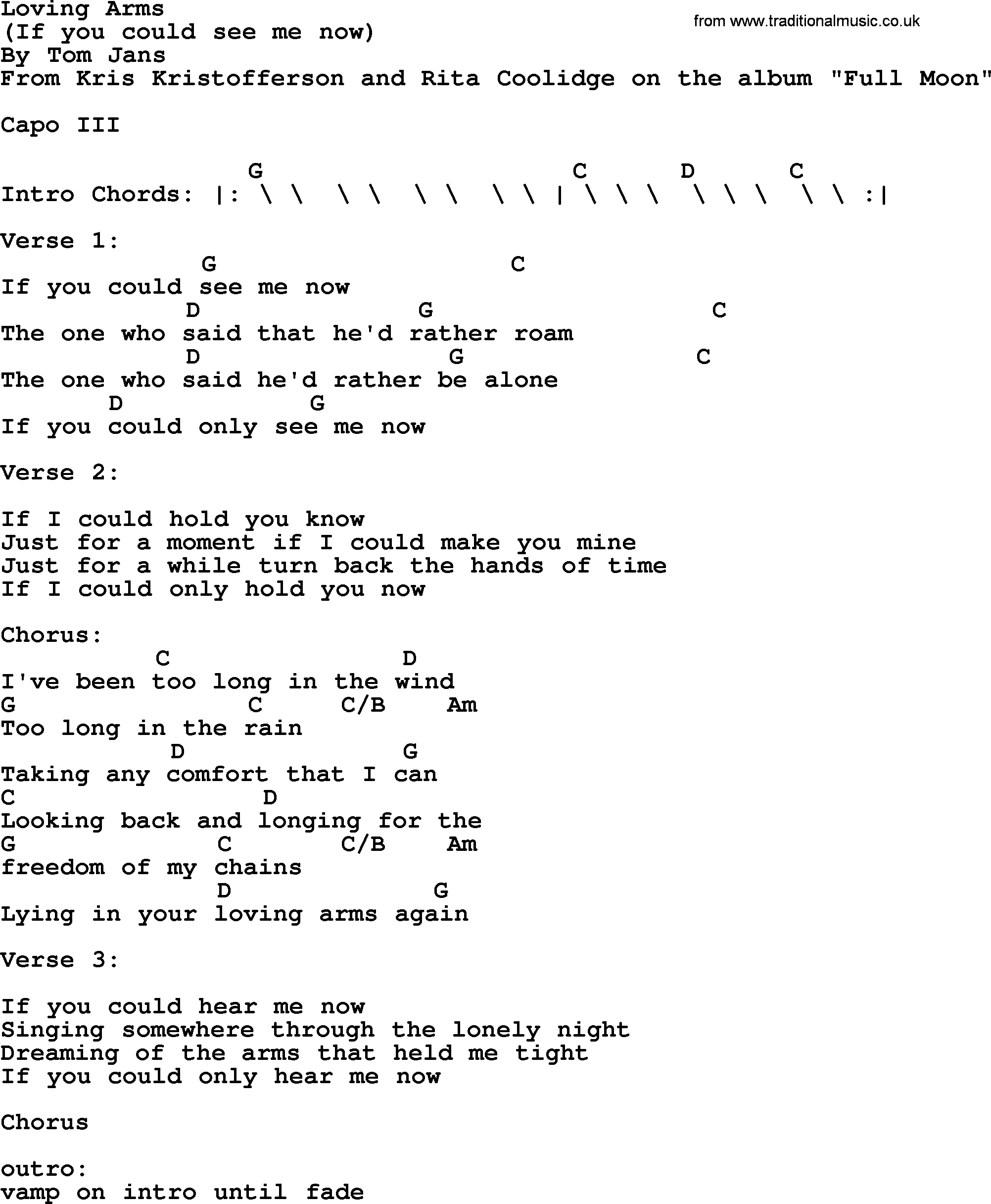 Kris Kristofferson song: Loving Arms lyrics and chords