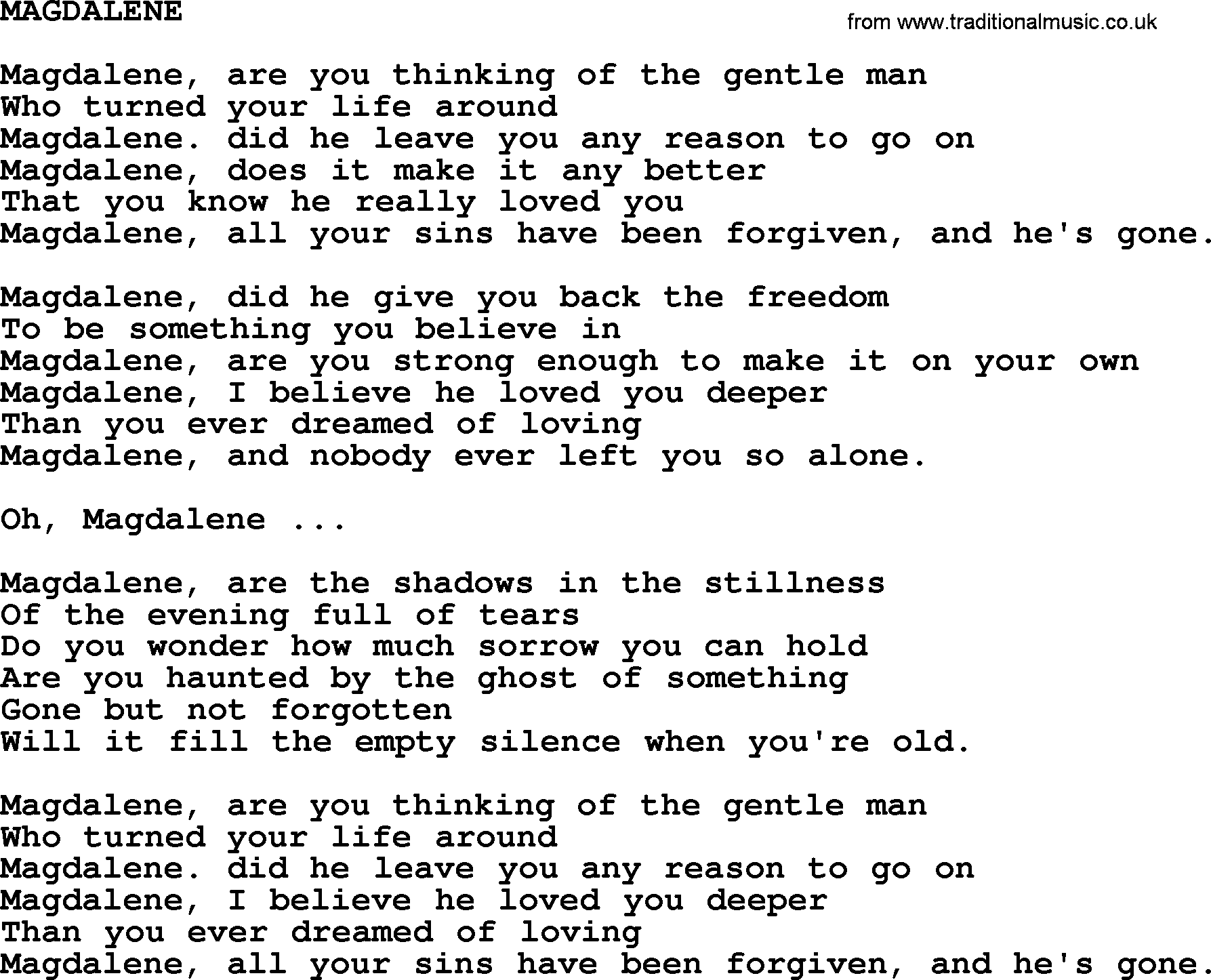 Kris Kristofferson song: Magdalene lyrics