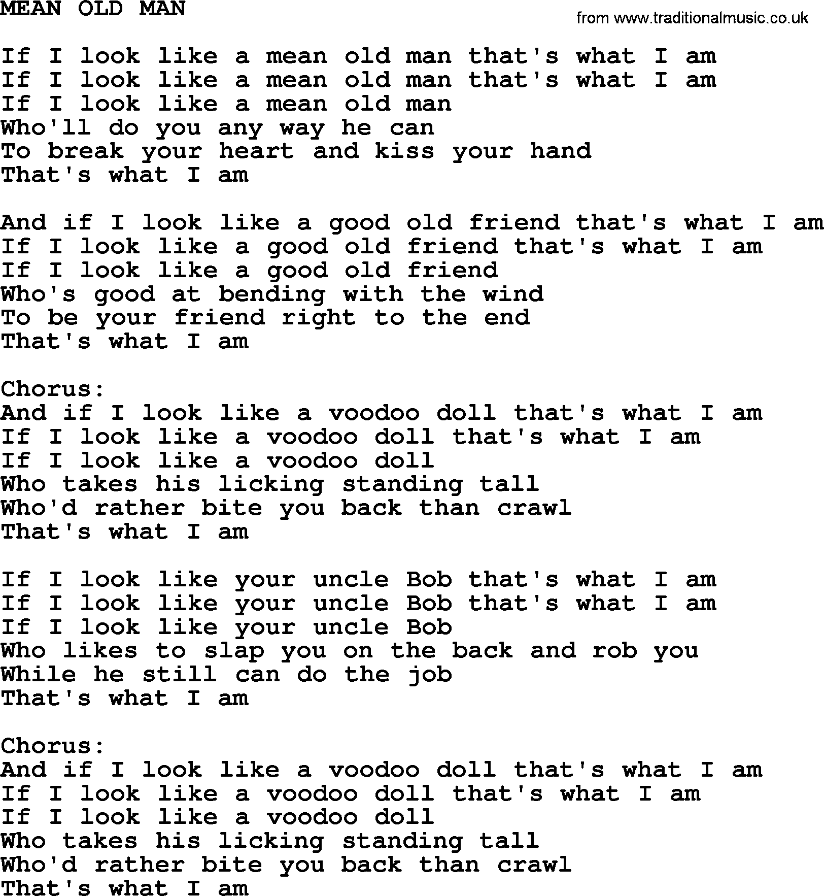 Kris Kristofferson song: Mean Old Man lyrics